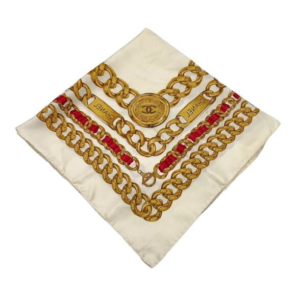 CHANEL Coco Mark Ivory x Multicolor Chain Pattern Square Silk Scarf /W Box - Picture 6 of 11